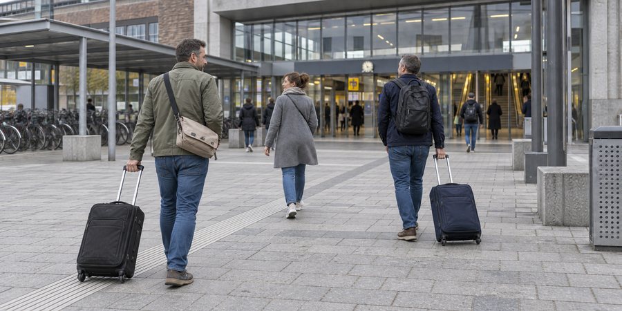 Reisende mit Koffern auf dem Weg zum Bahnhof