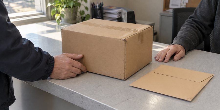 Übergabe eines Pakets und eines Umschlags über einen Tresen